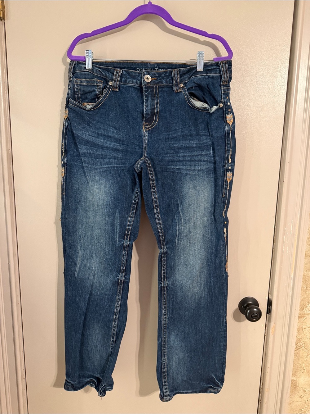 Cowgirl Tuff Dark Wash Boot Cut Jeans with Side Embroidery